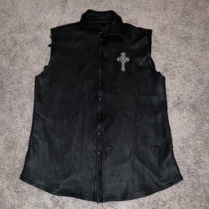 Men's XL Black Lambskin Leather Cutoff Motorcycle Biker Button Vest Kurt Deimer